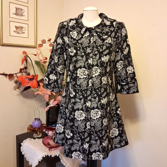 NEW Women’s Elegant Pea Coat Black White Floral Lined Trench Coat ¾ Sleeve 14 L - Picture 5 of 9